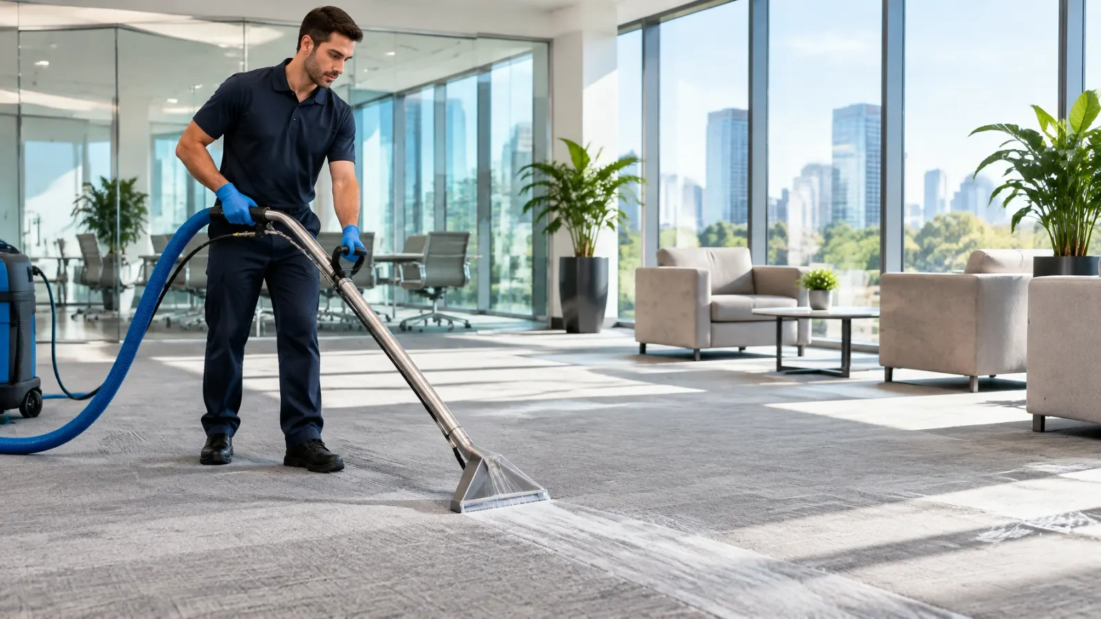 Carpet cleaning in a bright commercial office