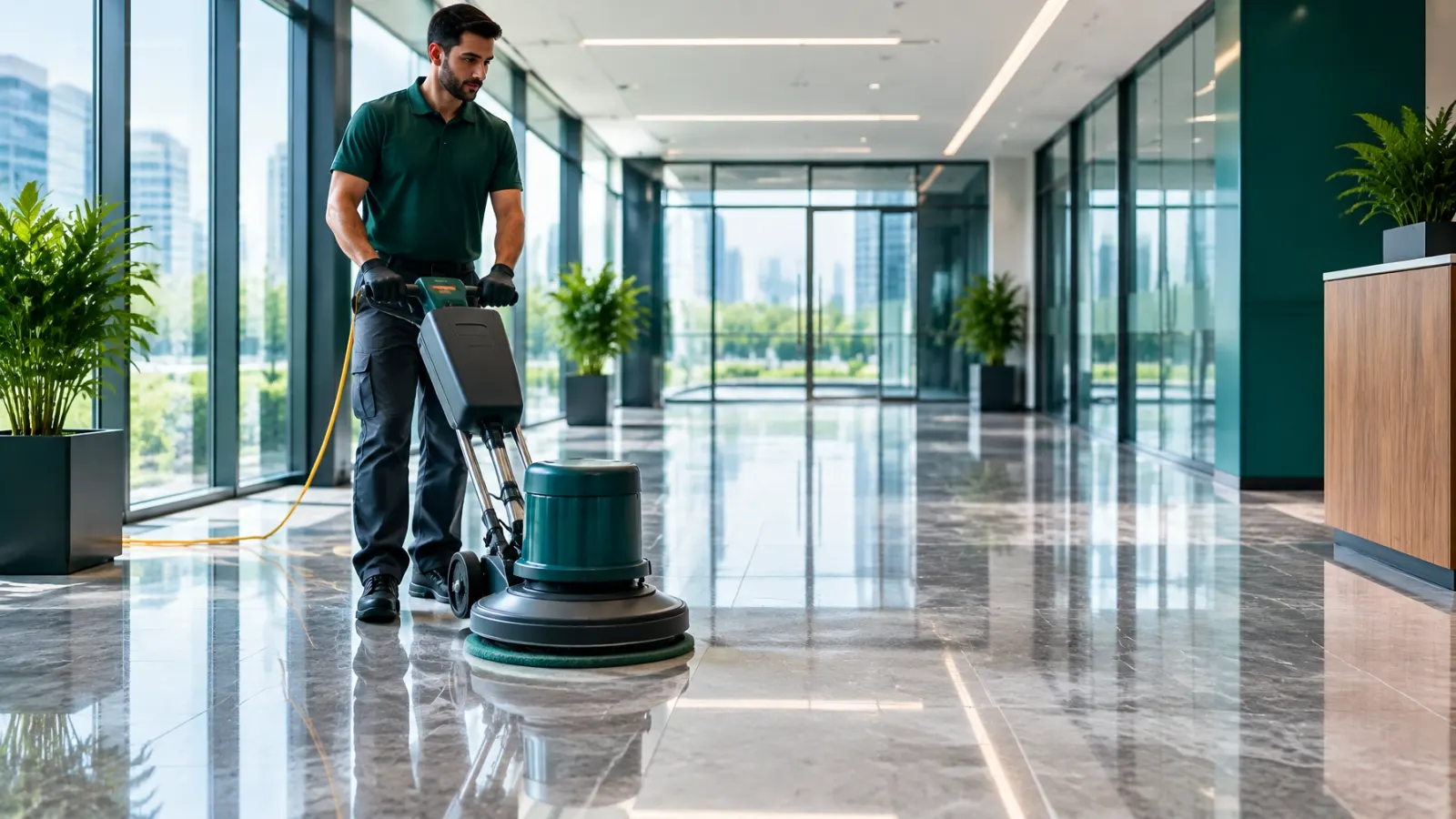 Floor-care machine polishing a hard floor in a modern office