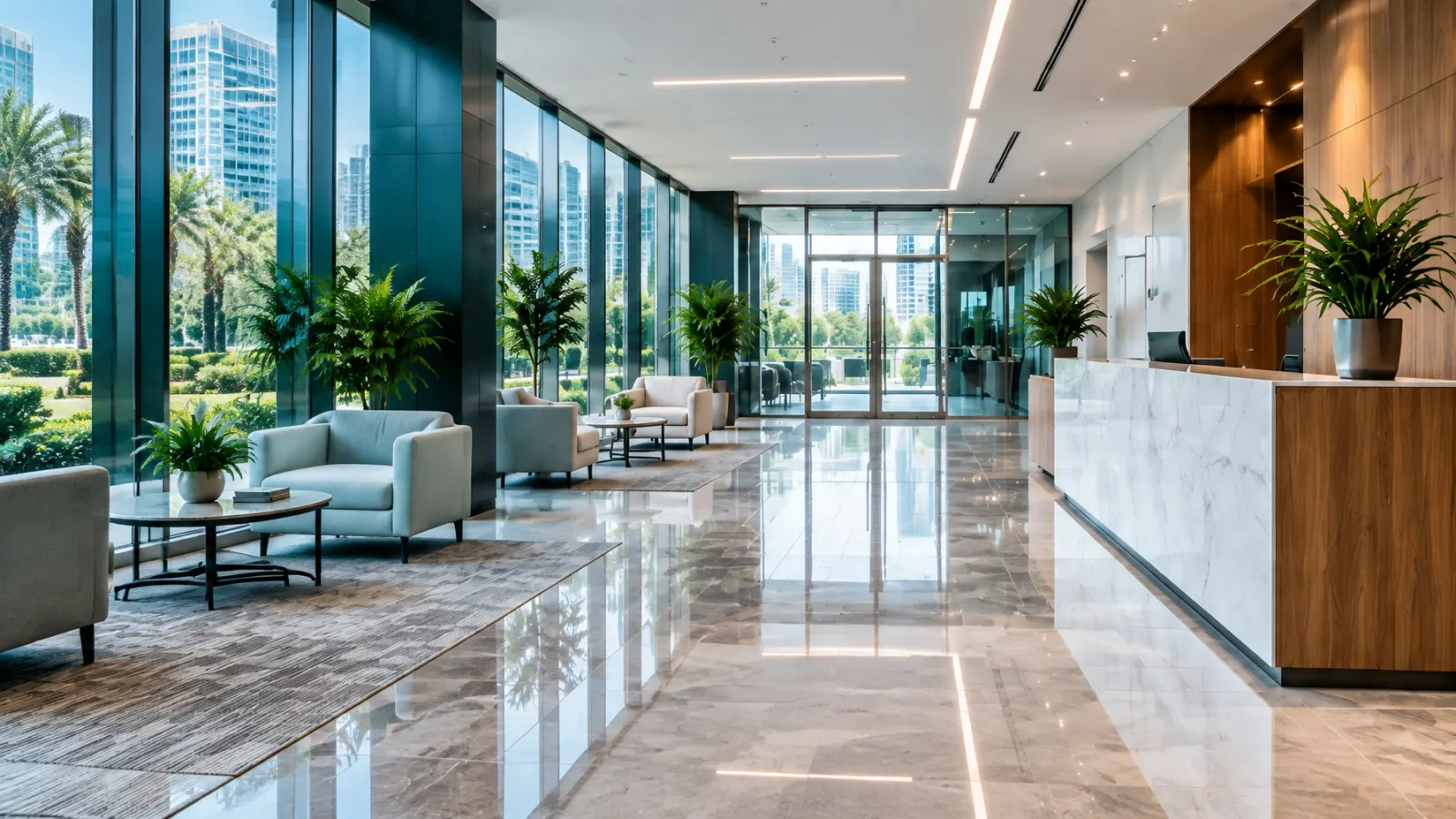 Bright, polished commercial office lobby with clear windows and welcoming reception area